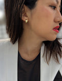 Female model wearing BOSS 18K GOLD VERMEIL OVER STERLING SILVER MINIMALIST CHUBBY MINI SMALL ROUND HOOP EARRINGS by Sonia Hou Jewelry