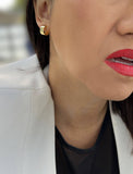 Image Title Female model wearing BOSS 18K GOLD VERMEIL OVER STERLING SILVER MINIMALIST CHUBBY MINI SMALL ROUND HOOP EARRINGS by Sonia Hou Jewelry