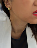 Image Title Female model wearing BOSS 18K GOLD VERMEIL OVER STERLING SILVER MINIMALIST CHUBBY MINI SMALL ROUND HOOP EARRINGS by Sonia Hou Jewelry