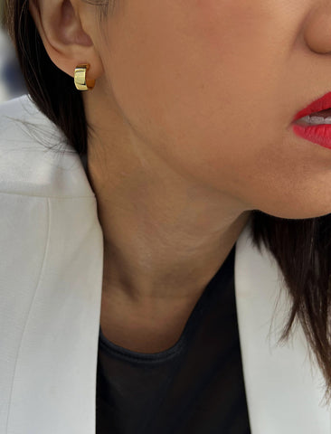 Image Title Female model wearing BOSS 18K GOLD VERMEIL OVER STERLING SILVER MINIMALIST CHUBBY MINI SMALL ROUND HOOP EARRINGS by Sonia Hou Jewelry