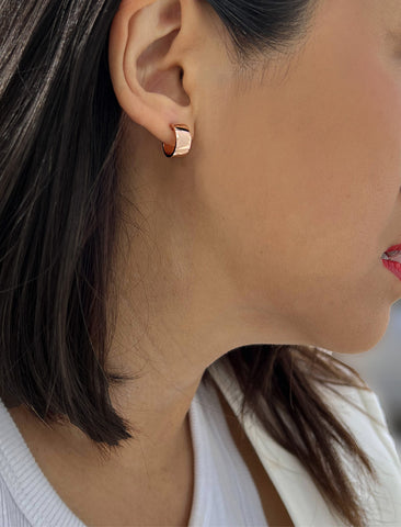 Image Title Female model wearing BOSS 18K ROSE GOLD VERMEIL OVER STERLING SILVER MINIMALIST CHUBBY MINI SMALL HOOP EARRINGS by Sonia Hou Jewelry