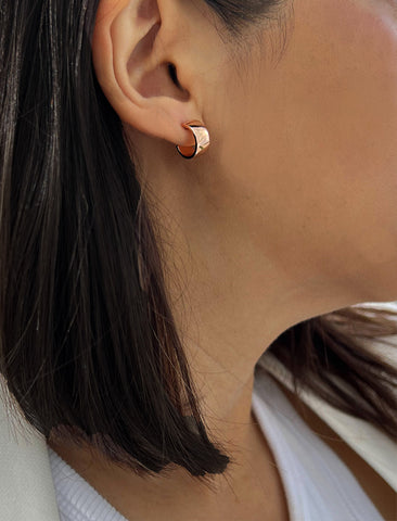 Image Title Female model wearing BOSS 18K ROSE GOLD VERMEIL OVER STERLING SILVER MINIMALIST CHUBBY MINI SMALL HOOP EARRINGS by Sonia Hou Jewelry