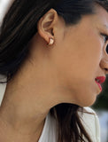 Image Title Female model wearing BOSS 18K ROSE GOLD VERMEIL OVER STERLING SILVER MINIMALIST CHUBBY MINI SMALL ROUND HOOP EARRINGS by Sonia Hou Jewelry