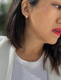 Image Title Female model wearing BOSS 18K ROSE GOLD VERMEIL OVER STERLING SILVER MINIMALIST CHUBBY MINI SMALL ROUND HOOP EARRINGS by Sonia Hou Jewelry