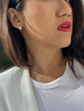 Image Title Female model wearing BOSS 18K ROSE GOLD VERMEIL OVER STERLING SILVER MINIMALIST CHUBBY MINI SMALL ROUND HOOP EARRINGS by Sonia Hou Jewelry
