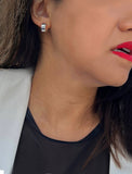 Female model wearing minimalist dainty small thick bold everyday BOSS 925 Sterling Silver Chubby Mini Huggie Hoop Earrings by Sonia Hou, a celebrity Chinese AAPI demi-fine fashion costume jewelry designer