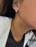 Image Title Female model wearing minimalist dainty small thick bold everyday BOSS 925 Sterling Silver Chubby Mini Huggie Hoop Earrings by Sonia Hou, a celebrity Chinese AAPI demi-fine fashion costume jewelry designer