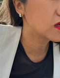 Image Title Female model wearing minimalist dainty small thick bold everyday BOSS 925 Sterling Silver Chubby Mini Huggie Hoop Earrings by Sonia Hou, a celebrity Chinese AAPI demi-fine fashion costume jewelry designer