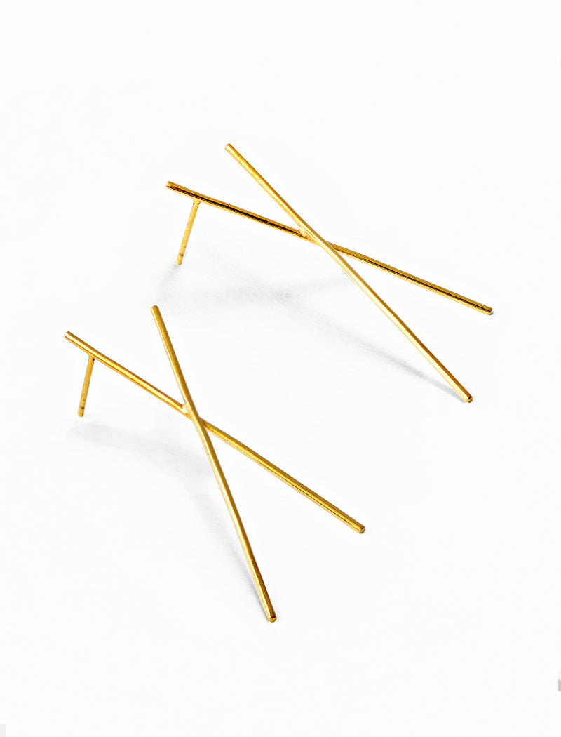 Image Title Asian Inspired Chopsticks Minimalist Long Thin Dangle Earrings in 18K Gold Vermeil With Sterling Silver base by Sonia Hou, a celebrity AAPI demi-fine jewelry designer.