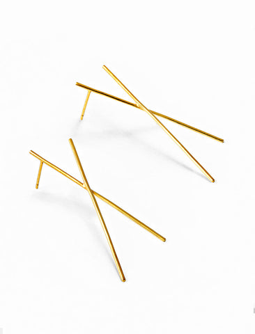 Image Title Asian Inspired Chopsticks Minimalist Long Thin Dangle Earrings in 18K Gold Vermeil With Sterling Silver base by Sonia Hou, a celebrity AAPI demi-fine jewelry designer.