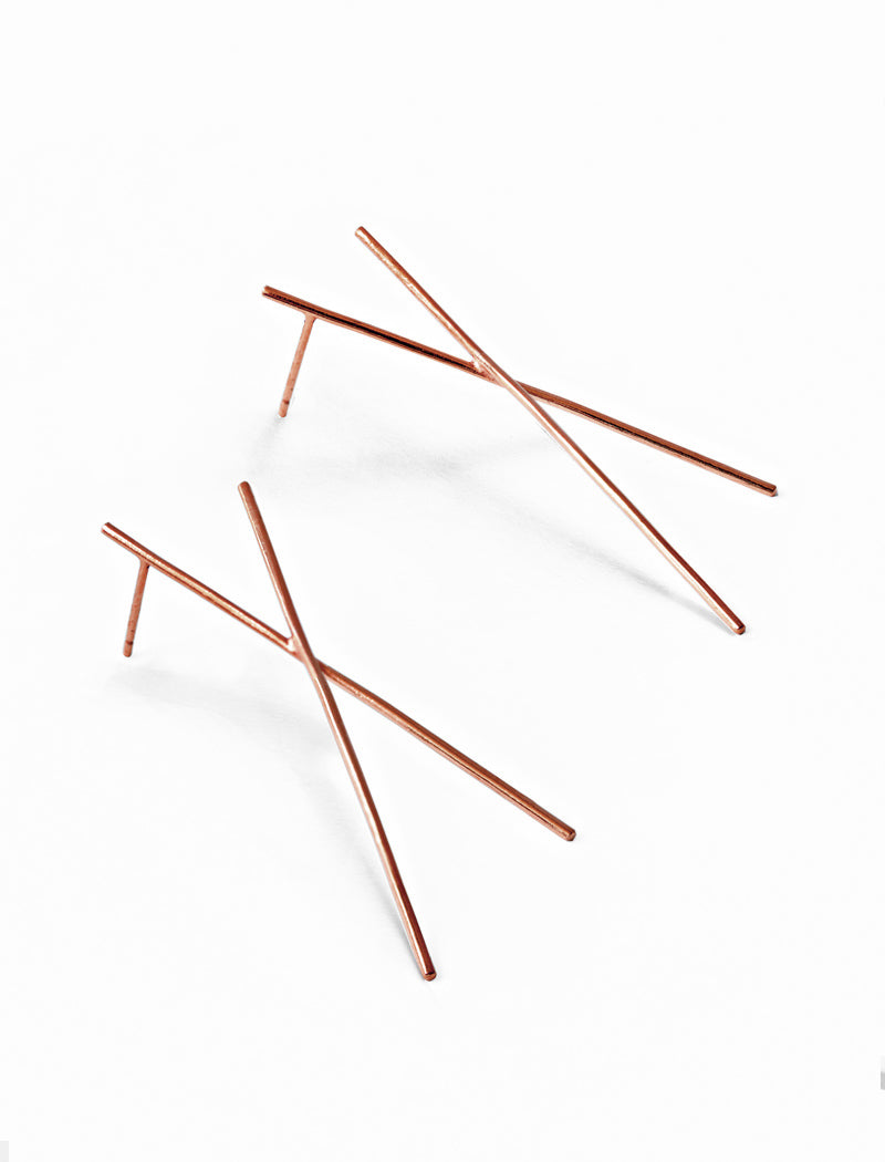 Image Title Asian Inspired Chopsticks Minimalist Long Thin Dangle Earrings in 18K Rose Gold Vermeil With Sterling Silver base by Sonia Hou, a celebrity AAPI demi-fine jewelry designer.