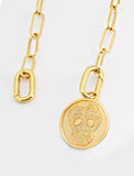 Image Title Gender neutral, culturally inclusive Day Of The Dead Mexican Sugar Skull Charm 3-Way Convertible Coin Pendant with a Large Paperclip Link Chain Statement Bold Thick Chunky Layering Stacking Rectangular Necklace in 18K Gold Vermeil Over Sterling Silver by Sonia Hou, a celebrity AAPI Chinese demi-fine jewelry designer. This holiday is also known as Dia De Los Muertos, and can also be worn for Halloween!