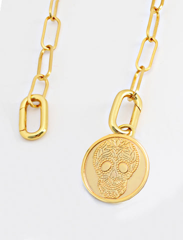 Image Title Gender neutral, culturally inclusive Day Of The Dead Mexican Sugar Skull Charm 3-Way Convertible Coin Pendant with a Large Paperclip Link Chain Statement Bold Thick Chunky Layering Stacking Rectangular Necklace in 18K Gold Vermeil Over Sterling Silver by Sonia Hou, a celebrity AAPI Chinese demi-fine jewelry designer. This holiday is also known as Dia De Los Muertos, and can also be worn for Halloween!