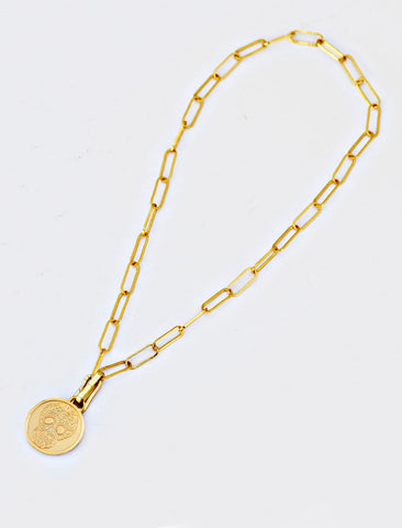 Image Title Gender neutral, culturally inclusive Day Of The Dead Mexican Sugar Skull Charm 3-Way Convertible Coin Pendant with a Large Paperclip Link Chain Statement Bold Thick Chunky Layering Stacking Rectangular Necklace in 18K Gold Vermeil Over Sterling Silver by Sonia Hou, a celebrity AAPI Chinese demi-fine jewelry designer. This holiday is also known as Dia De Los Muertos, and can also be worn for Halloween!