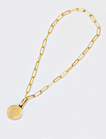 Image Title Gender neutral, culturally inclusive Day Of The Dead Mexican Sugar Skull Charm 3-Way Convertible Coin Pendant with a Large Paperclip Link Chain Statement Bold Thick Chunky Layering Stacking Rectangular Necklace in 18K Gold Vermeil Over Sterling Silver by Sonia Hou, a celebrity AAPI Chinese demi-fine jewelry designer. This holiday is also known as Dia De Los Muertos, and can also be worn for Halloween!