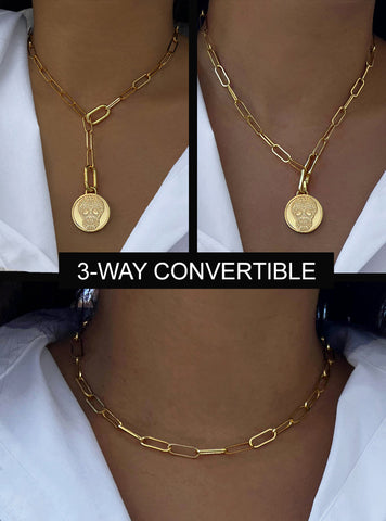 Image Title Female model wearing gender neutral, culturally inclusive Day Of The Dead Mexican Sugar Skull Charm 3-Way Convertible Coin Pendant with a Large Paperclip Link Chain Statement Bold Thick Chunky Layering Stacking Rectangular Necklace in 18K Gold Vermeil Over Sterling Silver by Sonia Hou, a celebrity AAPI Chinese demi-fine jewelry designer. This holiday is also known as Dia De Los Muertos, and can also be worn for Halloween!