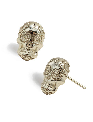 Image Title Culturally inclusive Day Of The Dead Mexican Sugar Skull Stud Earrings in Sterling Silver by Sonia Hou, a celebrity AAPI Chinese demi-fine jewelry designer. This holiday is also known as Dia De Los Muertos, and can also be worn for Halloween!