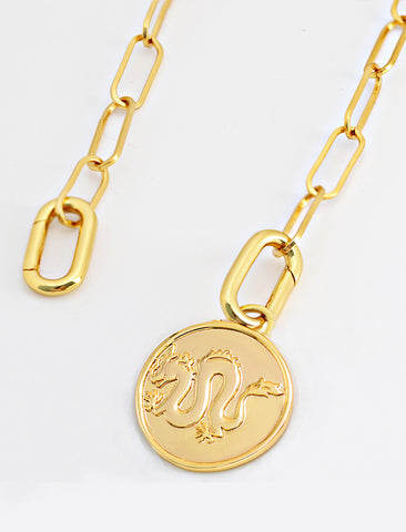 Image Title Gender neutral, culturally inclusive Asian Inspired Lucky Chinese Zodiac Dragon Charm 3-Way Convertible Coin Pendant with a Large Paperclip Link Chain Statement Bold Thick Chunky Layering Stacking Rectangular Necklace in 18K Gold Vermeil Over Sterling Silver by Sonia Hou, a celebrity AAPI Chinese demi-fine jewelry designer. Promotes good luck, wisdom, wealth, power and good fortune