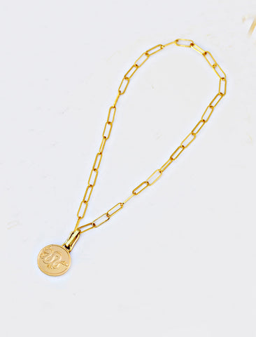 Image Title Gender neutral Asian Inspired Lucky Chinese Zodiac Dragon Charm 3-Way Convertible Coin Pendant with a Large Paperclip Link Chain Statement Bold Thick Chunky Layering Stacking Rectangular Necklace in 18K Gold Vermeil Over Sterling Silver by Sonia Hou, a celebrity AAPI Chinese demi-fine jewelry designer. Promotes good luck, wisdom, wealth, power and good fortune