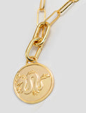 Image Title Female model wearing gender neutral Asian Inspired Lucky Chinese Zodiac Dragon Charm 3-Way Convertible Coin Pendant with a Large Paperclip Link Chain Statement Bold Thick Chunky Layering Stacking Rectangular Necklace in 18K Gold Vermeil Over Sterling Silver by Sonia Hou, a celebrity AAPI Chinese demi-fine jewelry designer. Promotes good luck, wisdom, wealth, power and good fortune