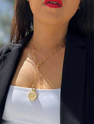 Image Title Female model wearing gender neutral, culturally inclusive Asian Inspired Lucky Chinese Zodiac Dragon Charm 3-Way Convertible Coin Pendant with a Large Paperclip Link Chain Statement Bold Thick Chunky Layering Stacking Rectangular Necklace in 18K Gold Vermeil Over Sterling Silver by Sonia Hou, a celebrity AAPI Chinese demi-fine jewelry designer. Promotes good luck, wisdom, wealth, power and good fortune