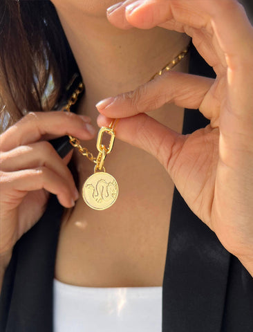 Image Title Female model wearing gender neutral Asian Inspired Lucky Chinese Zodiac Dragon Charm 3-Way Convertible Coin Pendant with a Large Paperclip Link Chain Statement Bold Thick Chunky Layering Stacking Rectangular Necklace in 18K Gold Vermeil Over Sterling Silver by Sonia Hou, a celebrity AAPI Chinese demi-fine jewelry designer. Promotes good luck, wisdom, wealth, power and good fortune