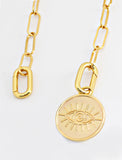 Image Title Gender neutral, culturally inclusive Evil Eye Lucky Charm 3-Way Convertible Coin Pendant with a Large Paperclip Link Chain Statement Bold Thick Chunky Layering Stacking Rectangular Necklace in 18K Gold Vermeil Over Sterling Silver by Sonia Hou, a celebrity AAPI Chinese demi-fine jewelry designer.