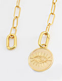 Image Title Gender neutral, culturally inclusive Evil Eye Lucky Charm 3-Way Convertible Coin Pendant with a Large Paperclip Link Chain Statement Bold Thick Chunky Layering Stacking Rectangular Necklace in 18K Gold Vermeil Over Sterling Silver by Sonia Hou, a celebrity AAPI Chinese demi-fine jewelry designer.