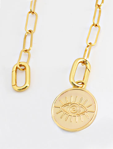Image Title Gender neutral, culturally inclusive Evil Eye Lucky Charm 3-Way Convertible Coin Pendant with a Large Paperclip Link Chain Statement Bold Thick Chunky Layering Stacking Rectangular Necklace in 18K Gold Vermeil Over Sterling Silver by Sonia Hou, a celebrity AAPI Chinese demi-fine jewelry designer.