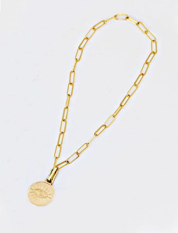 Image Title Gender neutral, culturally inclusive Evil Eye Lucky Charm 3-Way Convertible Coin Pendant with a Large Paperclip Link Chain Statement Bold Thick Chunky Layering Stacking Rectangular Necklace in 18K Gold Vermeil Over Sterling Silver by Sonia Hou, a celebrity AAPI Chinese demi-fine jewelry designer.