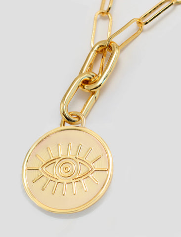 Image Title Gender neutral, culturally inclusive Evil Eye Lucky Charm 3-Way Convertible Coin Pendant with a Large Paperclip Link Chain Statement Bold Thick Chunky Layering Stacking Rectangular Necklace in 18K Gold Vermeil Over Sterling Silver by Sonia Hou, a celebrity AAPI Chinese demi-fine jewelry designer.