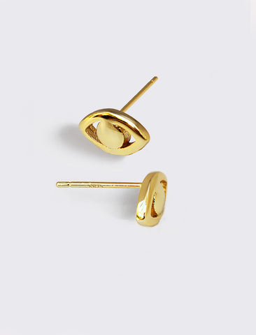 Image Title Tiny dainty small minimalist inclusive Evil Eye Stud Earrings, inspired by Greek culture, in 18K Gold Vermeil With Sterling Silver base by Sonia Hou, a celebrity AAPI Chinese demi-fine fashion costume jewelry designer