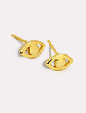 Image Title Tiny dainty small minimalist inclusive Evil Eye Stud Earrings, inspired by Greek culture, in 18K Gold Vermeil With Sterling Silver base by Sonia Hou, a celebrity AAPI Chinese demi-fine fashion costume jewelry designer