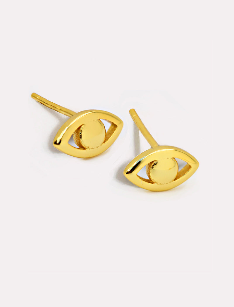 Image Title Tiny dainty small minimalist inclusive Evil Eye Stud Earrings, inspired by Greek culture, in 18K Gold Vermeil With Sterling Silver base by Sonia Hou, a celebrity AAPI Chinese demi-fine fashion costume jewelry designer