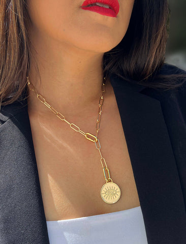 Image Title Female model wearing gender neutral, culturally inclusive Evil Eye Lucky Charm 3-Way Convertible Coin Pendant with a Large Paperclip Link Chain Statement Bold Thick Chunky Layering Stacking Rectangular Necklace in 18K Gold Vermeil Over Sterling Silver by Sonia Hou, a celebrity AAPI Chinese demi-fine jewelry designer.