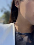 Image Title Female model wearing tiny dainty small minimalist inclusive Evil Eye Stud Earrings, inspired by Greek culture, in 18K Gold Vermeil With Sterling Silver base by Sonia Hou, a celebrity AAPI Chinese demi-fine fashion costume jewelry designer