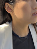 Female model wearing tiny dainty small minimalist inclusive Evil Eye Stud Earrings, inspired by Greek culture, in 18K Gold Vermeil With Sterling Silver base by Sonia Hou, a celebrity AAPI Chinese demi-fine fashion costume jewelry designer