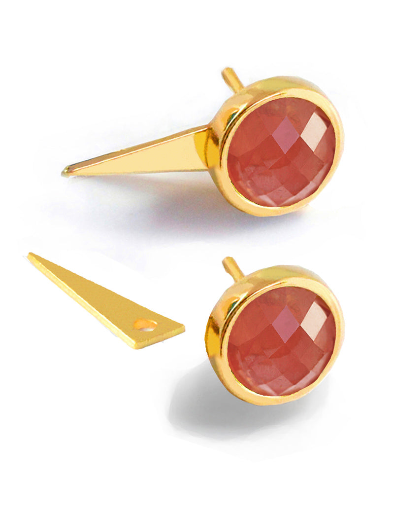 Image Title Luxe minimalist small or big FIRE 3-Way Convertible Geometric Pink Coral Gemstone Round Stud Triangle Spike Earring Jackets in 24K Gold by Sonia Hou, a celebrity AAPI Asian Chinese demi-fine fashion costume jewelry designer. Actress Jessica Alba wore these similar modern spike ear jackets.