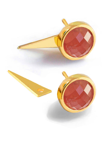 Image Title Luxe minimalist small or big FIRE 3-Way Convertible Geometric Pink Coral Gemstone Round Stud Triangle Spike Earring Jackets in 24K Gold by Sonia Hou, a celebrity AAPI Asian Chinese demi-fine fashion costume jewelry designer. Actress Jessica Alba wore these similar modern spike ear jackets.