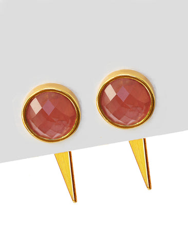 Image Title Luxe minimalist small or big FIRE 3-Way Convertible Geometric Pink Coral Gemstone Round Stud Triangle Spike Earring Jackets in 24K Gold by Sonia Hou, a celebrity AAPI Asian Chinese demi-fine fashion costume jewelry designer. Actress Jessica Alba wore these similar modern spike ear jackets.