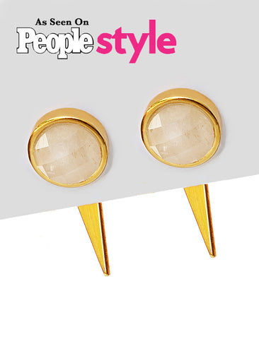 Image Title Luxe minimalist small or big FIRE 3-Way Convertible Geometric White Quartz Gemstone Round Stud Triangle Spike Earring Jackets in 24K Gold by Sonia Hou, a celebrity AAPI Chinese demi-fine fashion costume jewelry designer. Actress Jessica Alba wore these similar modern spike ear jackets.