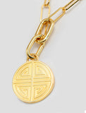 Image Title Gender neutral Asian Inspired Lucky Charm Four Blessings 3-Way Convertible Coin Pendant with a Large Paperclip Link Chain Statement Bold Thick Chunky Layering Stacking Rectangular Necklace in 18K Gold Vermeil Over Sterling Silver by Sonia Hou, a celebrity AAPI Chinese demi-fine jewelry designer