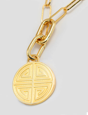 Image Title Gender neutral Asian Inspired Lucky Charm Four Blessings 3-Way Convertible Coin Pendant with a Large Paperclip Link Chain Statement Bold Thick Chunky Layering Stacking Rectangular Necklace in 18K Gold Vermeil Over Sterling Silver by Sonia Hou, a celebrity AAPI Chinese demi-fine jewelry designer