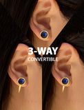Woman model wearing luxe minimalist small or big FIRE 3-Way Convertible Geometric Blue Denim Lapis Lazuli Gemstone Round Stud Triangle Spike Earring Jackets in 24K Gold by Sonia Hou, a celebrity AAPI Chinese demi-fine fashion costume jewelry designer. Actress Jessica Alba wore these similar modern spike ear jackets