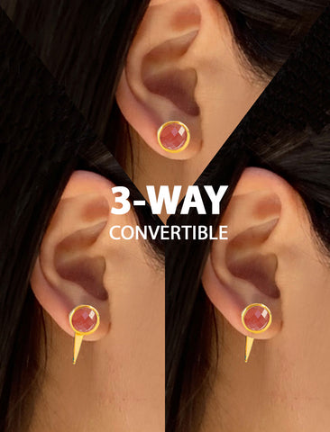 Image Title Woman model wearing luxe minimalist small or big FIRE 3-Way Convertible Geometric Pink Coral Gemstone Round Stud Triangle Spike Earring Jackets in 24K Gold by Sonia Hou, a celebrity AAPI Asian Chinese demi-fine fashion costume jewelry designer. Actress Jessica Alba wore these similar modern spike ear jackets.