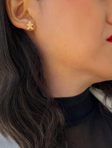 Image Title Female model wearing Gingerbread Holiday Festive Christmas Earrings in 18K Gold Over With Sterling Silver by AAPI Celebrity Jewelry Designer Sonia Hou