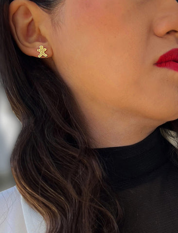 Image Title Female model wearing Gingerbread Holiday Festive Christmas Earrings in 18K Gold Over With Sterling Silver by AAPI Celebrity Jewelry Designer Sonia Hou