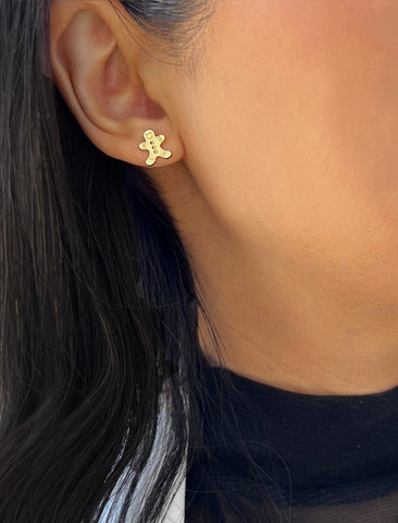 Image Title Female model wearing Gingerbread Holiday Festive Christmas Earrings in 18K Gold Over With Sterling Silver by AAPI Celebrity Jewelry Designer Sonia Hou