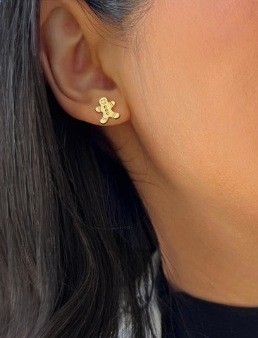 Image Title Female model wearing Gingerbread Holiday Festive Christmas Earrings in 18K Gold Over With Sterling Silver by AAPI Celebrity Jewelry Designer Sonia Hou