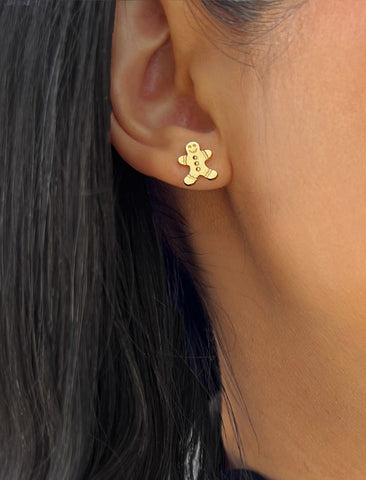 Image Title Female model wearing Gingerbread Holiday Festive Christmas Earrings in 18K Gold Over With Sterling Silver by AAPI Celebrity Jewelry Designer Sonia Hou